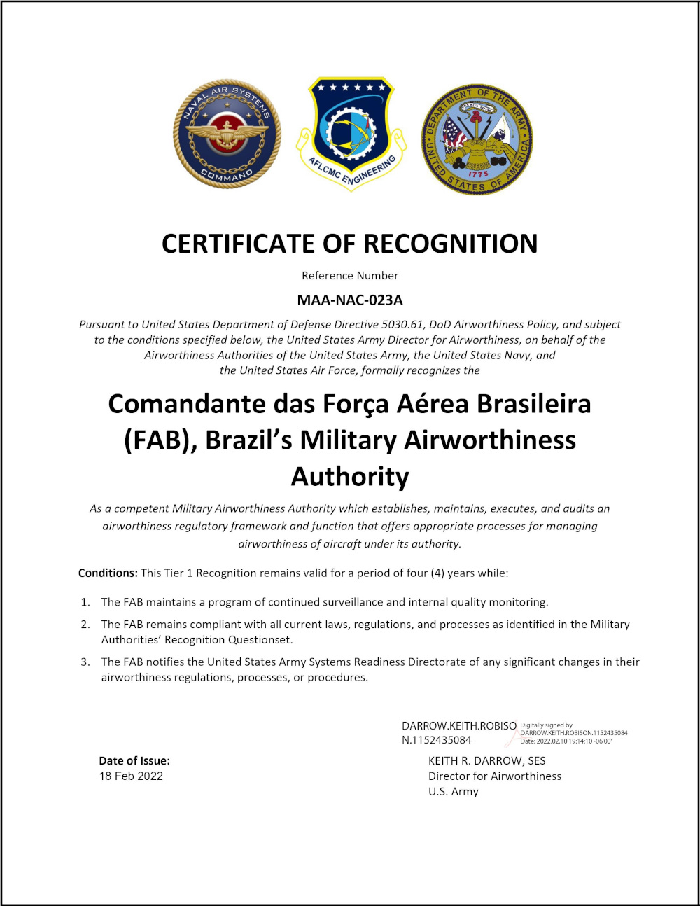 Brazil Renewal Recognition Certificate MAA NAC 023A